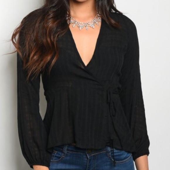 Waist Tie Black Wrap Blouse - Picture 1 of 5